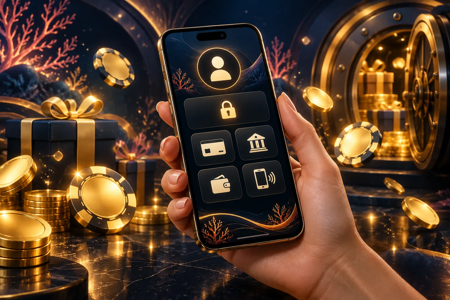 Player accessing Coral Vault payment and login options on a mobile phone
